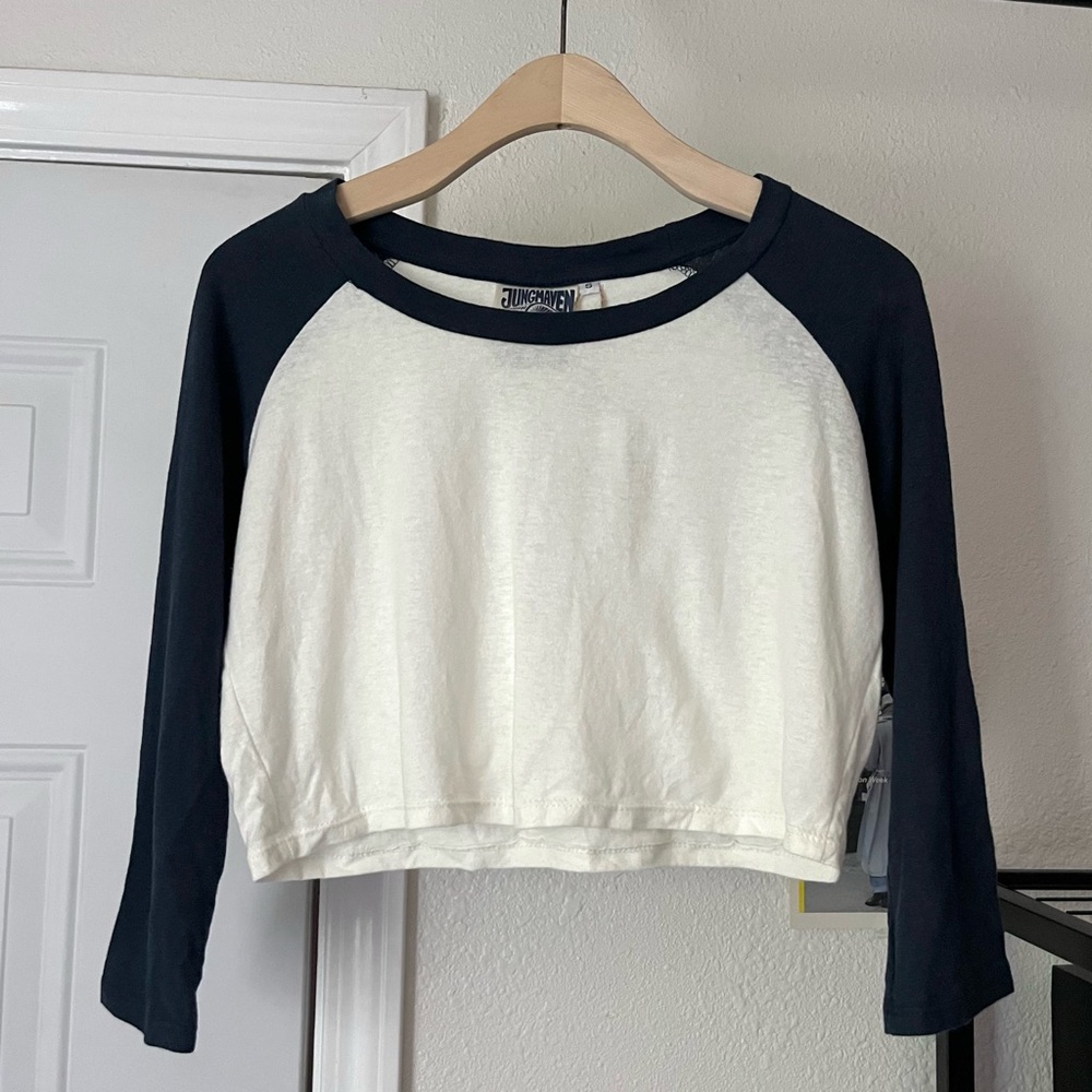 NWT JUNGMAVEN navy blue white hemp organic cotton crew baseball cropped tee
